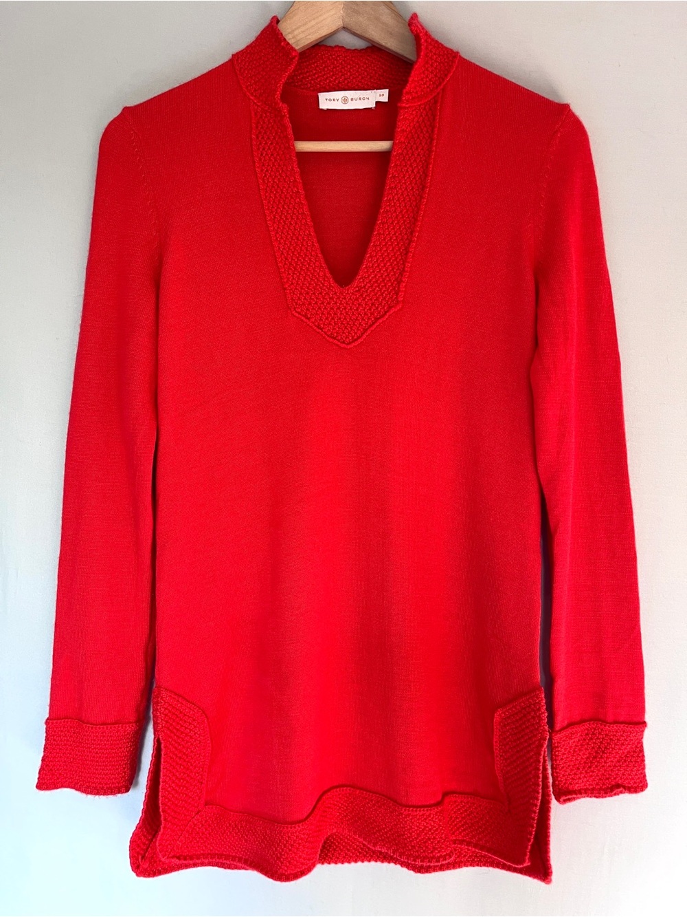 Tory Burch 100% Merino Wool Red Tunic Sweater Textured Trim V Neck S